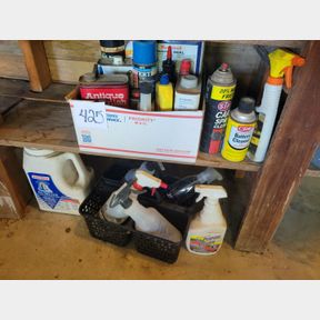 2 shelves assorted garage chemicals and sprays