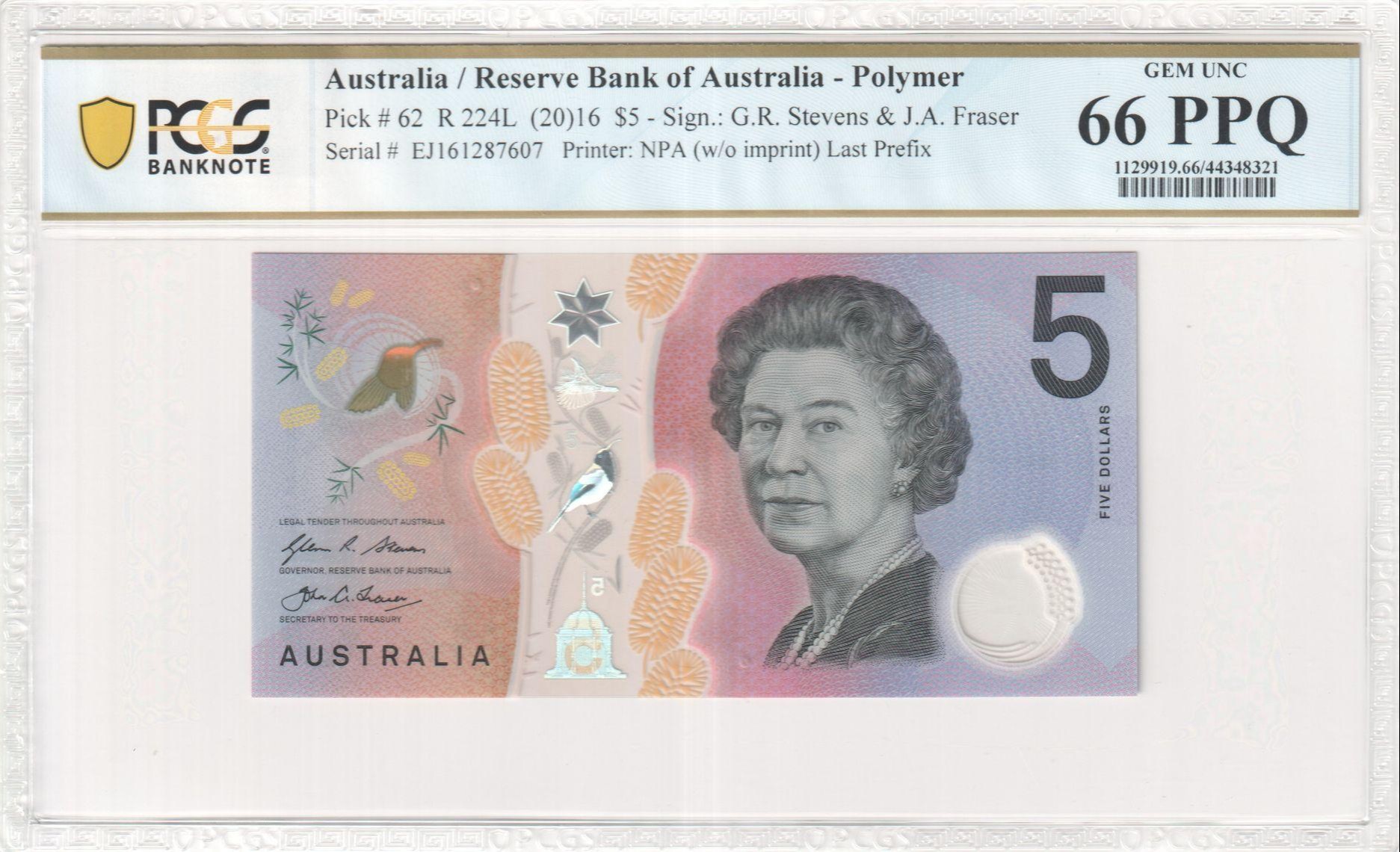 161 · RBA, Polymer, NPA (w/o imprint), Sign.: G.R. Stevens & J.A. Fraser, Last Prefix, Five Dollar, 2016, PCGS - Gem UNC 66 PPQ