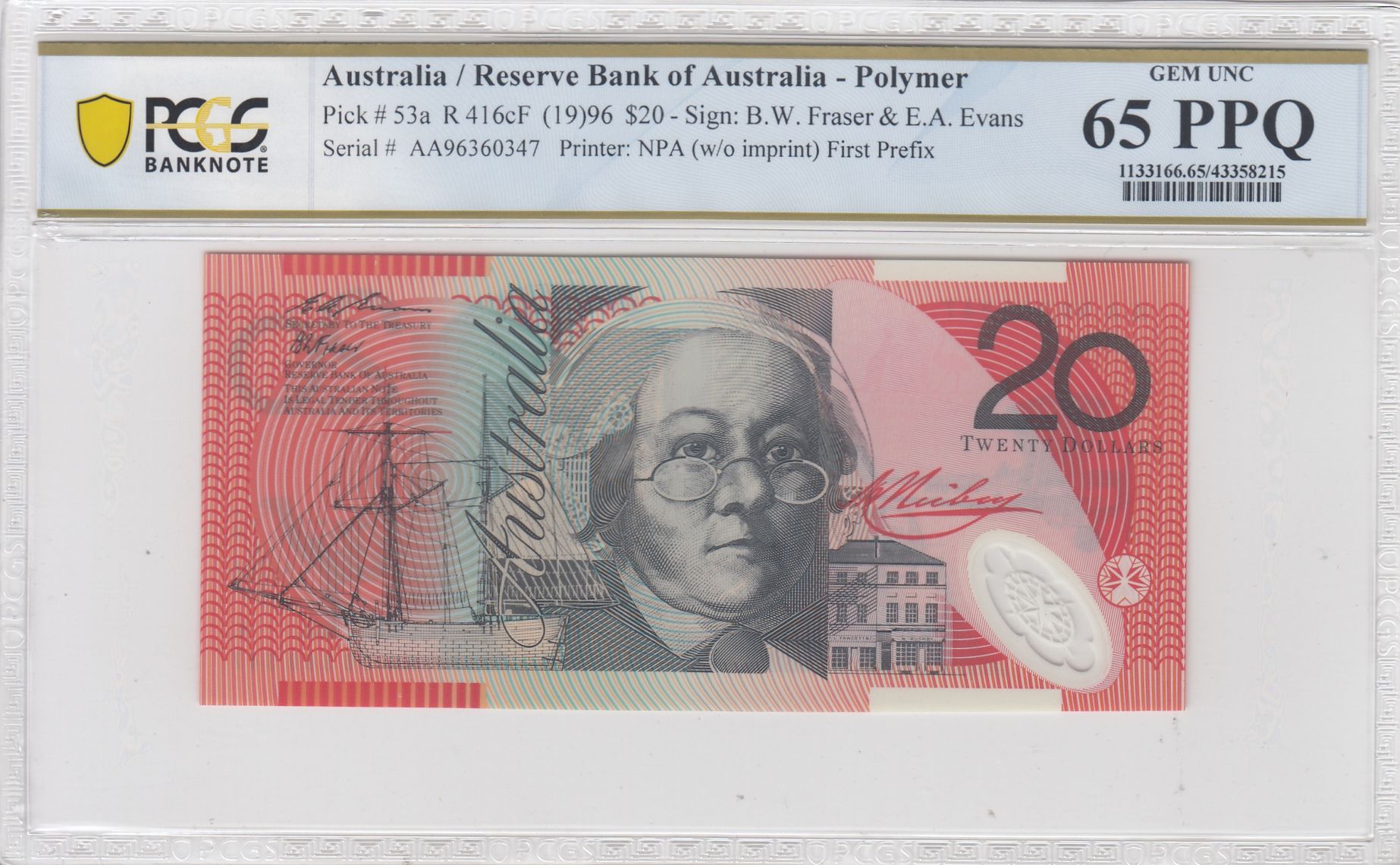 Fraser/Evans, First Prefix, Twenty Dollar, 1996, PCGS Gem UNC 65 PPQ