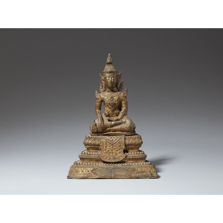 A Ratanakosin gilded and lacquered bronze figure of a crowned and bejewelled Buddha maravijaya. Thailand. 19th century