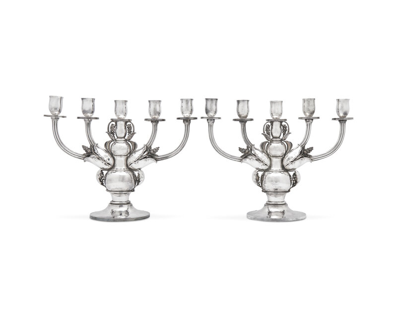 A Pair of Georg Jensen Designed Silver Five-Light Candelabra