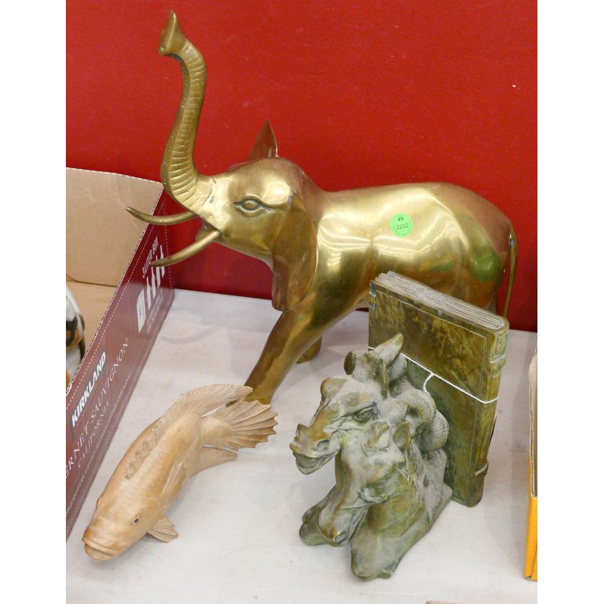 3pc Vintage Animal Figures - Brass Elephant etc. 4'' to 14''