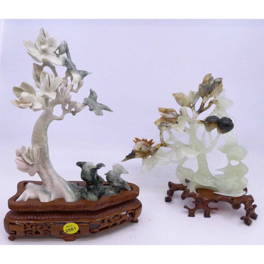 2pc Chinese Jade Bird & Branch Carvings- 8-10''