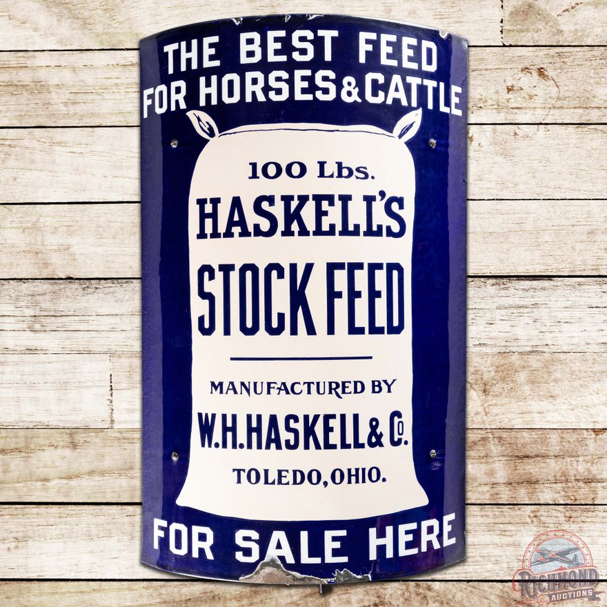 Haskell's Stock Feed For Horses & Cattle Curved SS Porcelain Sign w/ Bracket Toledo Ohio