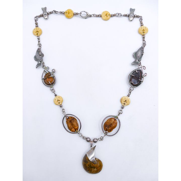 Sterling Chinese Fish Themed Modern Art Necklace 26''