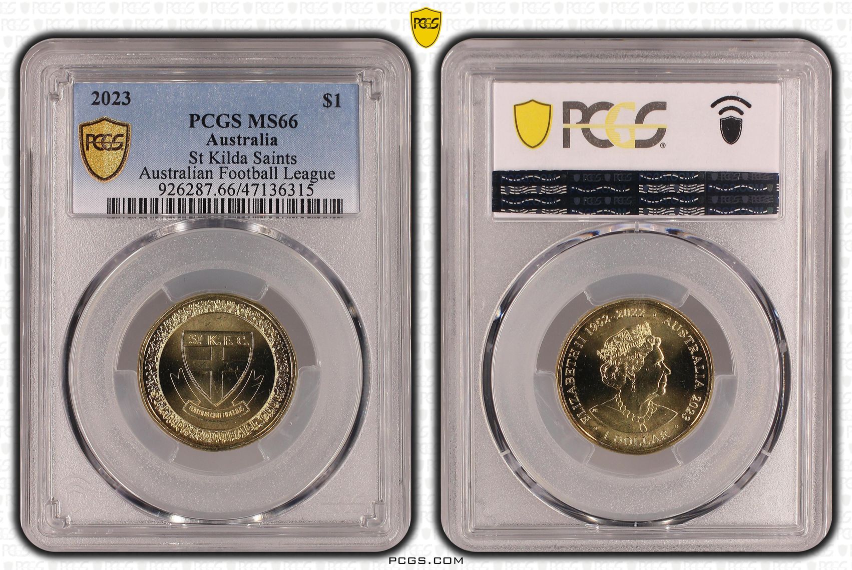 Elizabeth II, AFL - St Kilda Saints POP 5/0, One Dollar, 2023, PCGS MS66