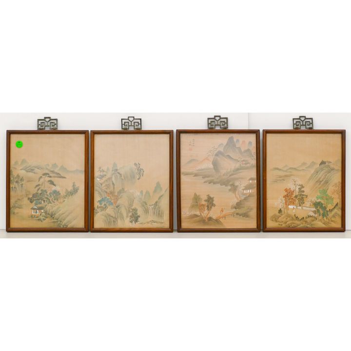 Set 4 Old Chinese Landscape Paintings on Silk 10''x8'' - Rosewood frames
