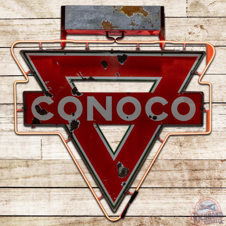 Rare Conoco Gasoline Die Cut DS Porcelain Neon Advertising Sign w/ Ring