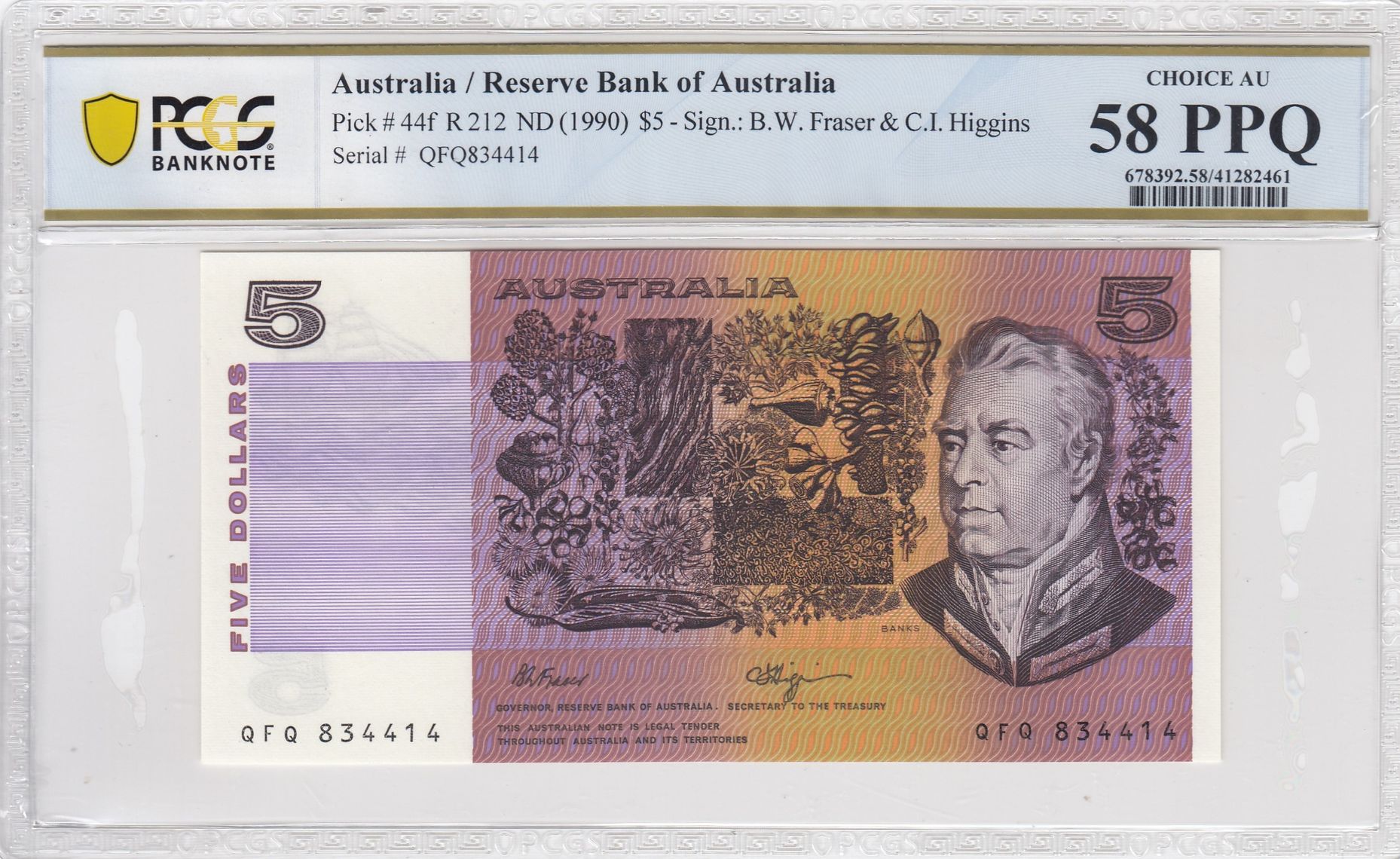 Fraser/Higgins, Five Dollar, 1990, PCGS Choice AU 58 PPQ
