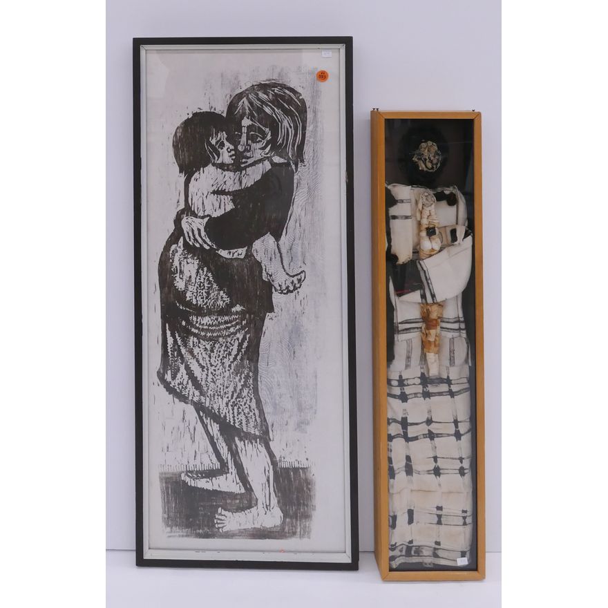 2pc Modern Art Woodcut and Textile Art- Largest 34x14''