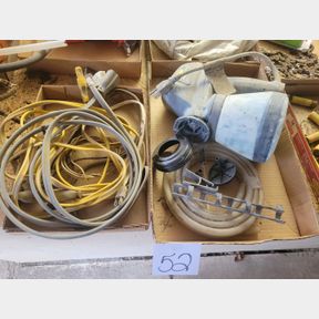 4 boxes electrical cords, paint sprayer, fire logs, hoses