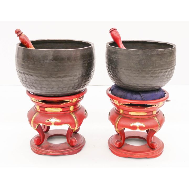 2pc Japanese Meiji Rin Gong Singing Bowls on Stands