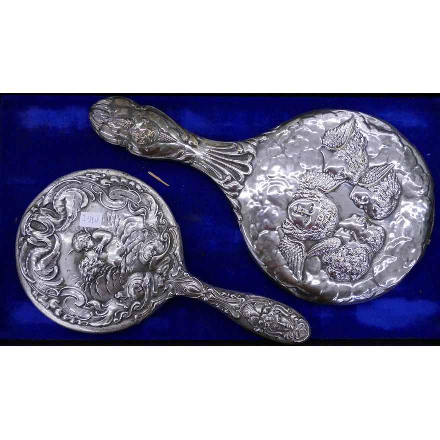 2pc Silver Cherub Hand Mirror- one Sterling- 9 to 11''