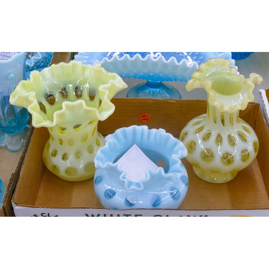 Box 3pc Fenton Topaz & Blue Coin Dot Vases