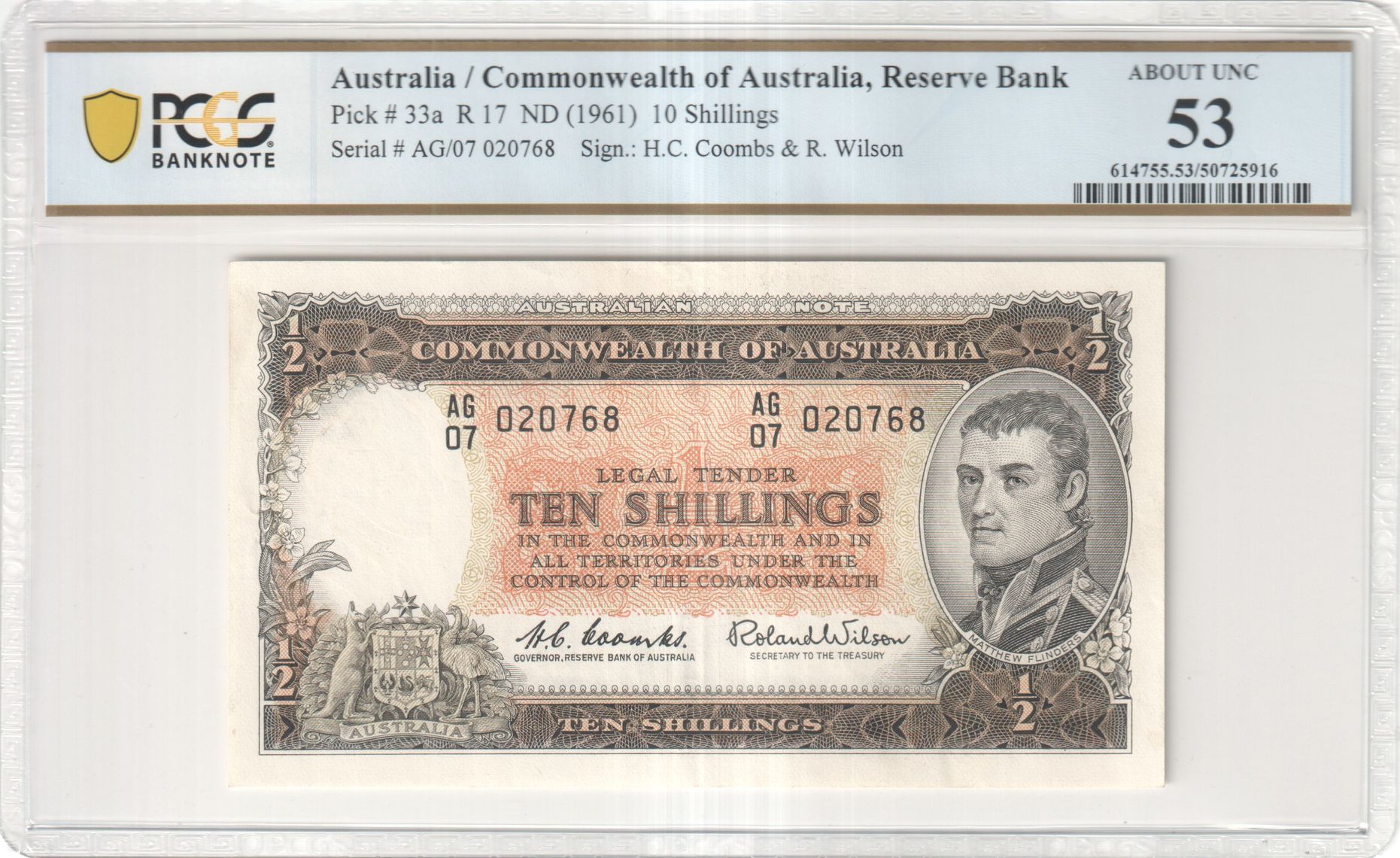 412 · Ten Shillings, 1961, PCGS About UNC 53