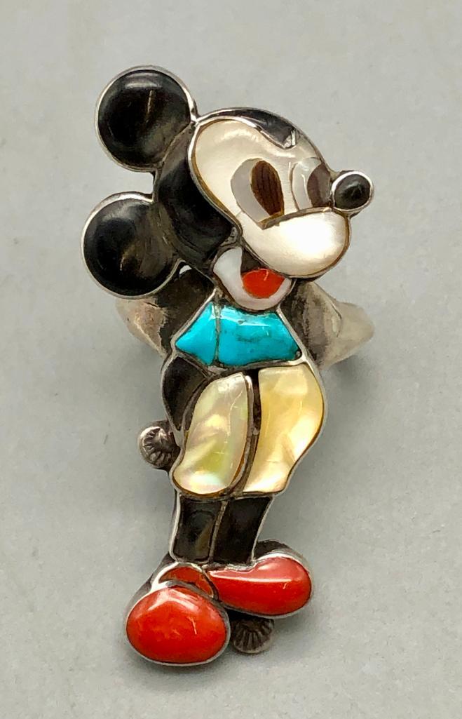 Zuni Andrea Lonjose Signed Inlay Sterling Silver Mickey