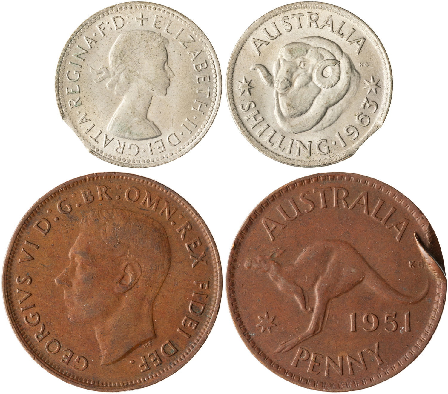 George VI - Elizabeth II, One Penny - Shilling, 1951 - 1963, F - VF