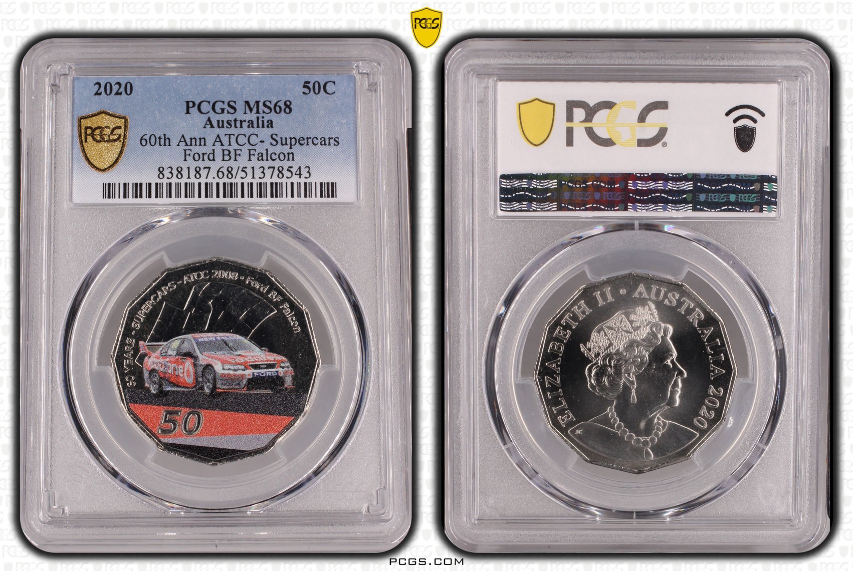 60th Ann ATCC- Supercars Ford BF Falcon Colorized, Fifty Cent, 2020, PCGS MS68