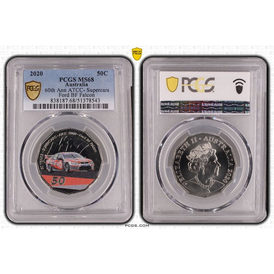 60th Ann ATCC- Supercars Ford BF Falcon Colorized, Fifty Cent, 2020, PCGS MS68