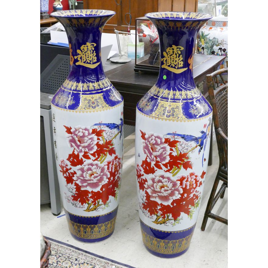 Pair Chinese Gilt Cobalt Porcelain Palace Vases 50''
