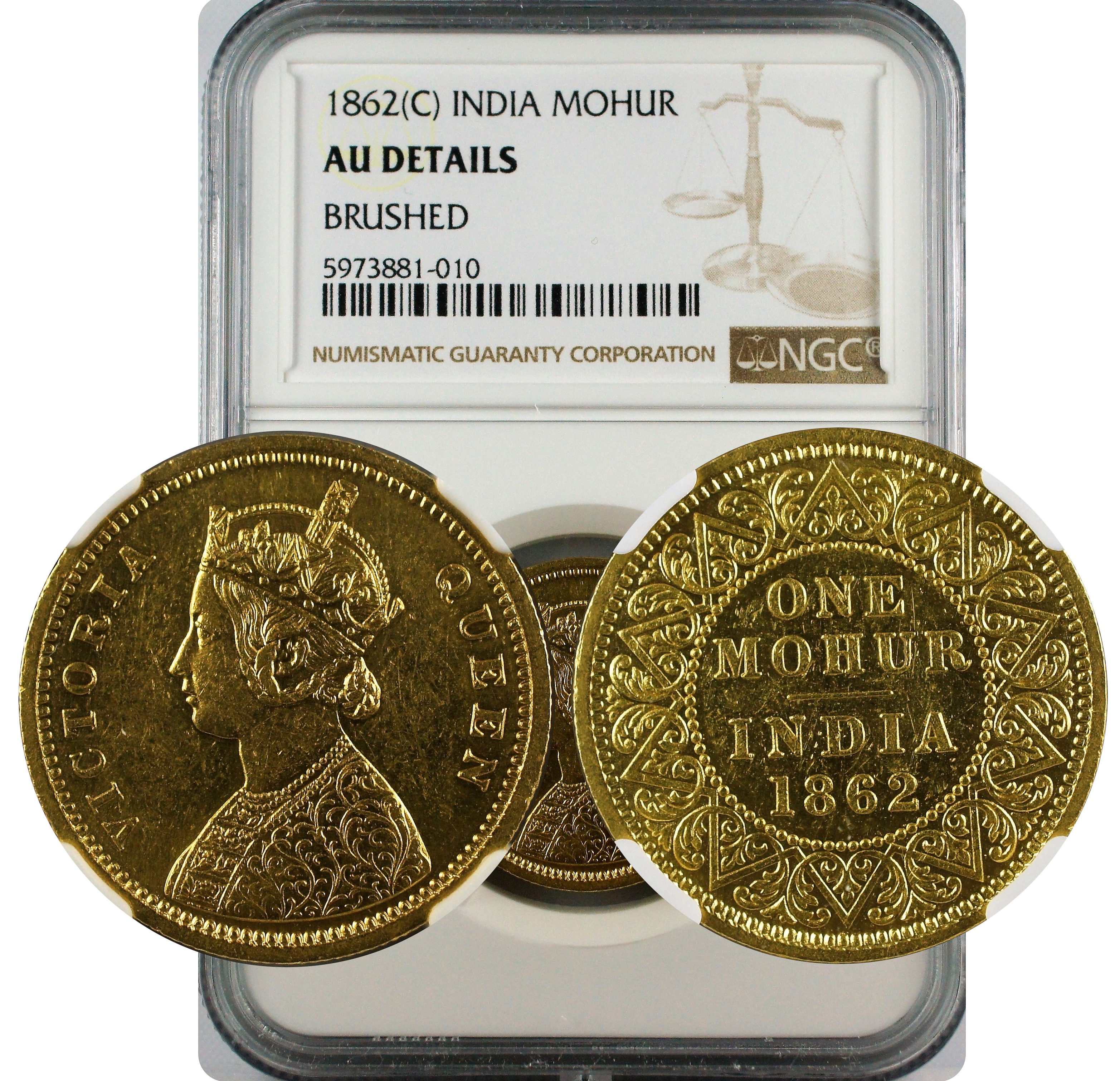 India British 1862 C Gold Mohur NGC AU Details Brushed