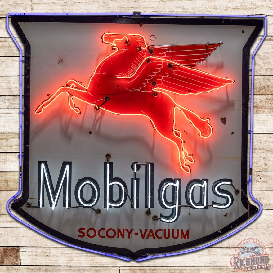Rare Mobilgas DS Porcelain Neon Sign w/ SS Porcelain Can