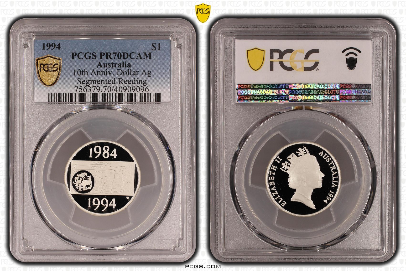 10th Anniv. Dollar Ag Segmented Reeding, One Dollar, 1994, PCGS PR70DCAM