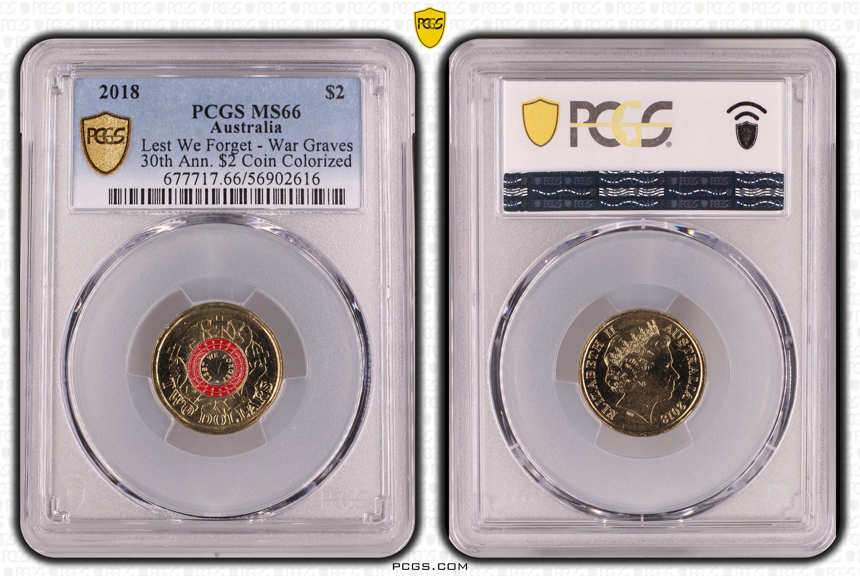 Lest We Forget - War Graves 30th Ann. $2 Coin Colorized, Two Dollar, 2018, PCGS MS66