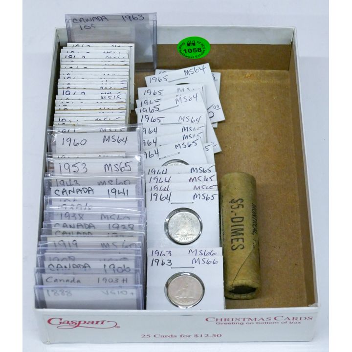 Box 131pc Canadian 80% Silver Dimes Mostly AU 1888-1967