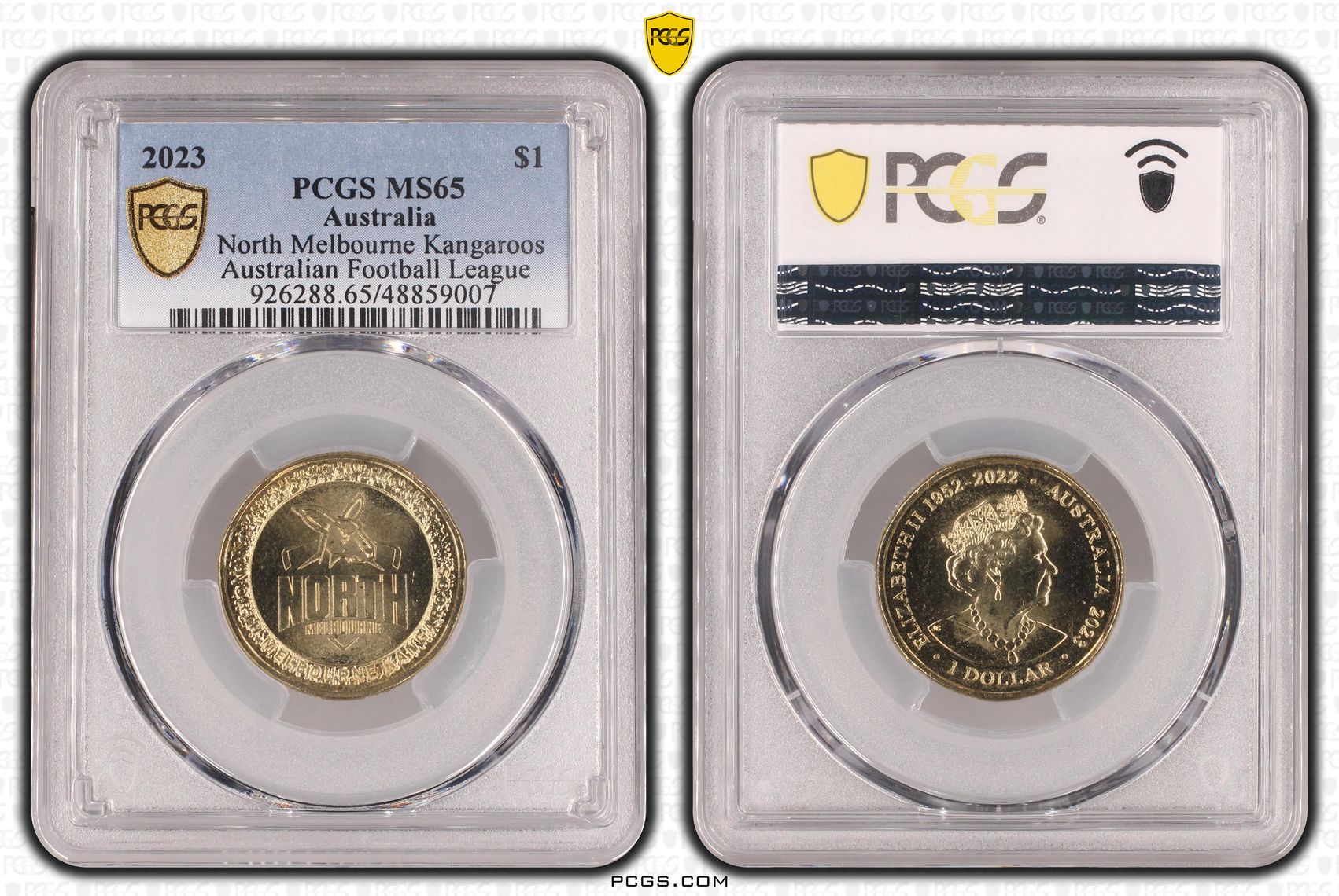 284 · Elizabeth II, AFL - North Melbourne Kangaroos , One Dollar, 2023, PCGS MS65