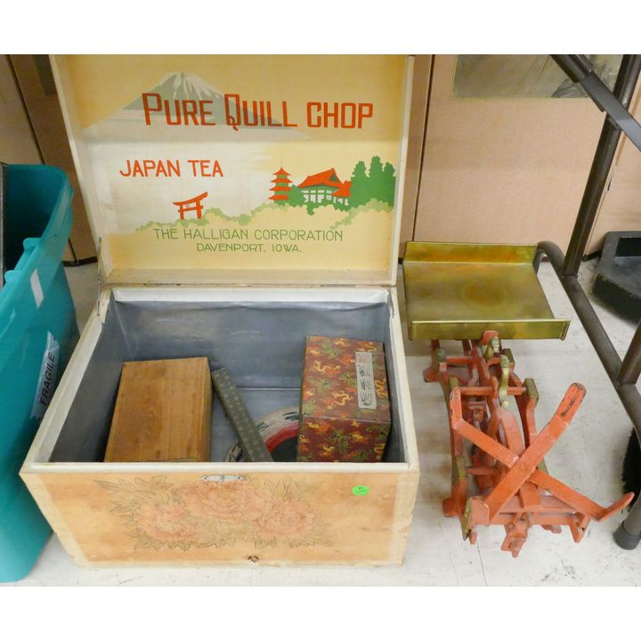Group Old Metal Scale and Tea Boxes 21'' Largest