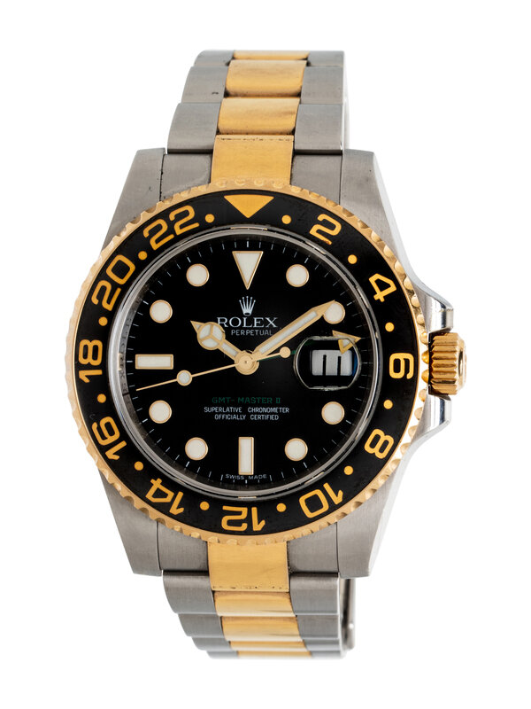ROLEX, REF. 116713 STAINLESS STEEL AND YELLOW GOLD 'GMT-MASTER II' WATCH, BOX & PAPERS 