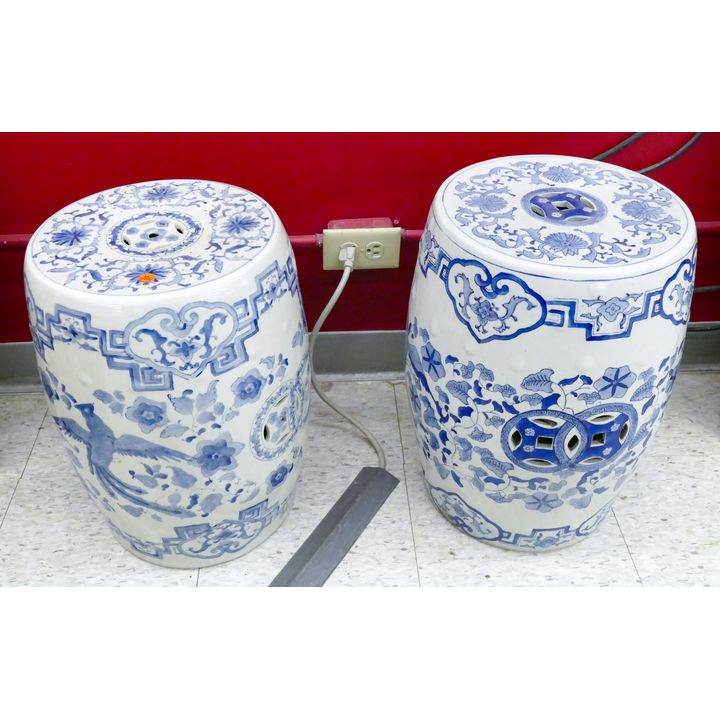 2pc Chinese B&W Porcelain Garden Stools 19''