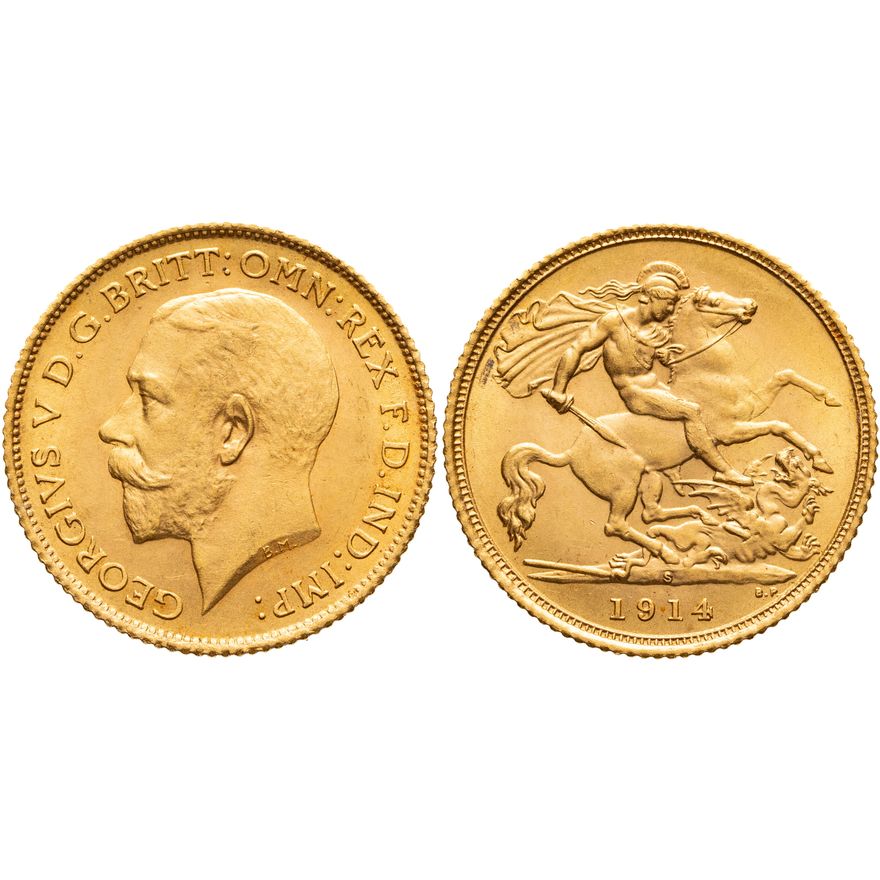 George V, St George Reverse, Half Sovereign, 1914-S,  GEM