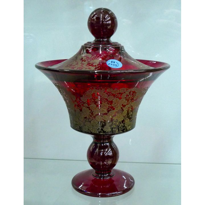 Ruby Red Etched Glass Covered Compote 9''