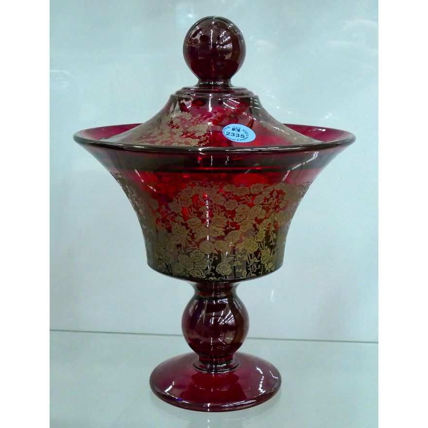 Ruby Red Etched Glass Covered Compote 9''