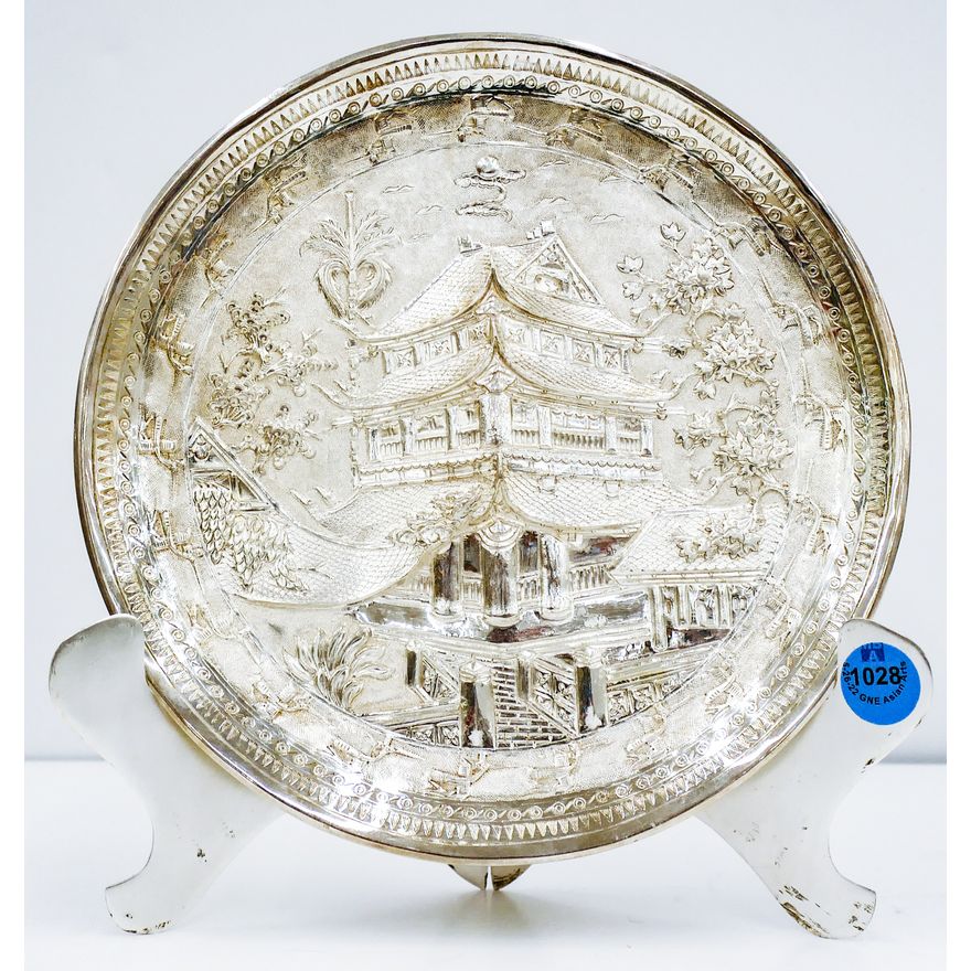 Chinese Repousse Silverplate Plate on Stand 8''