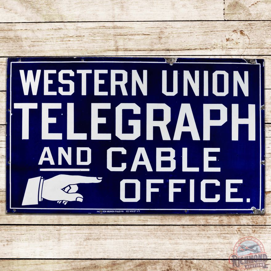 Western Union Telegraph and Cable Office SS Porcelain Sign w/ Hand Pointing Finger