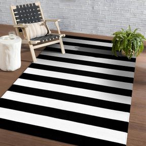 4' X 6' (RECTANGULAR) KOZYFLY BLACK AND WHITE STRIPED AREA RUG 4X6 FT OUTDOOR RUG WASHABLE INDOOR OUTDOOR RUG HAND WOVEN COTTON DO