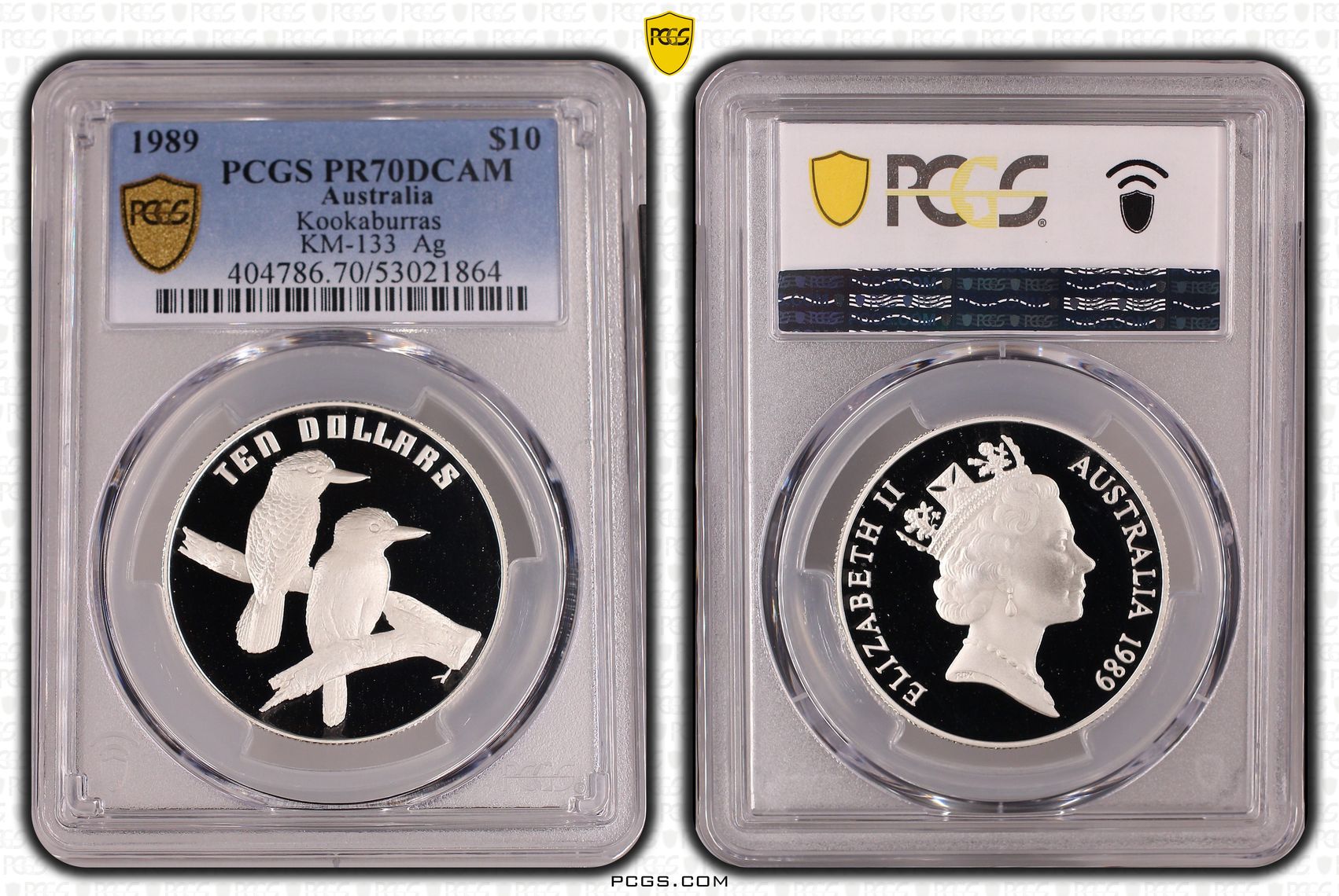 Kookaburras KM-133 Silver, 22/0, Ten Dollars, 1989, PCGS PR70DCAM