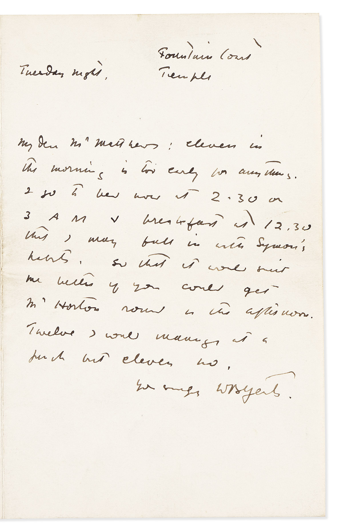 YEATS, WILLIAM BUTLER. Autograph Letter Signed, 
