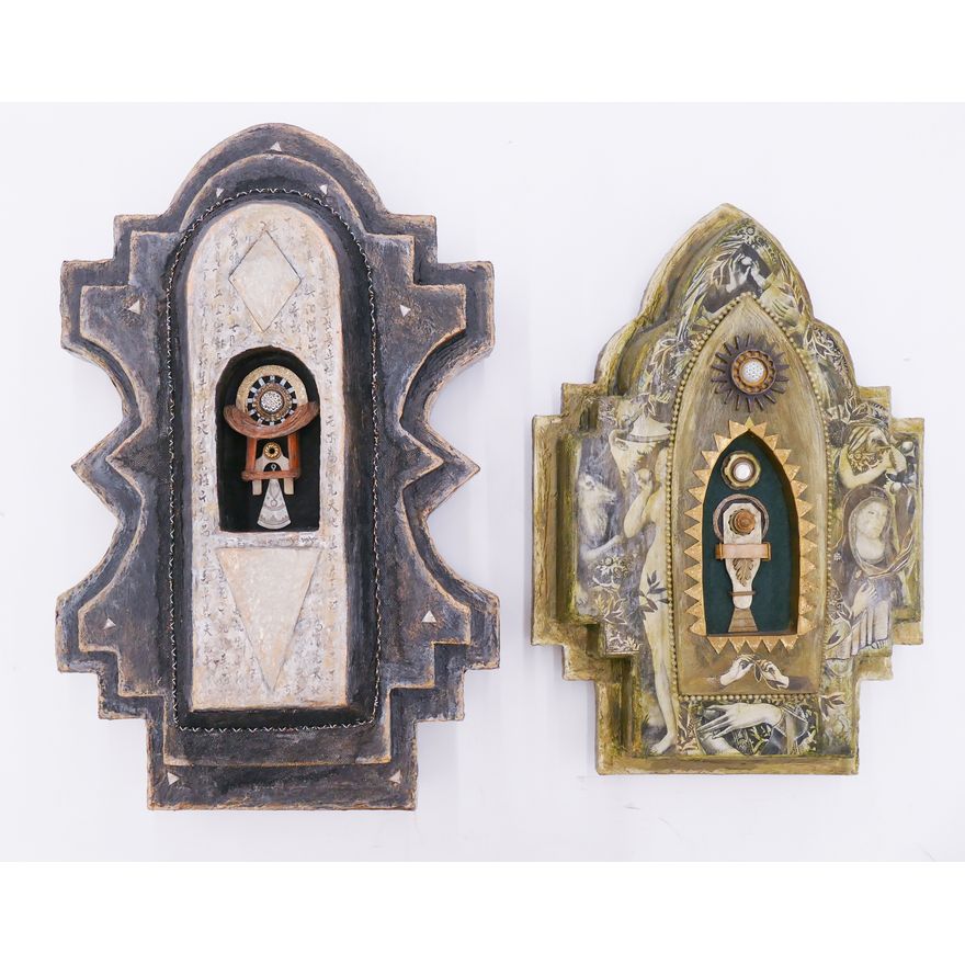 2pc Myra McKenzie Papier-mache Wall Sculptures (Altars). Dated 1996 & 1997. Largest 21x13x5"