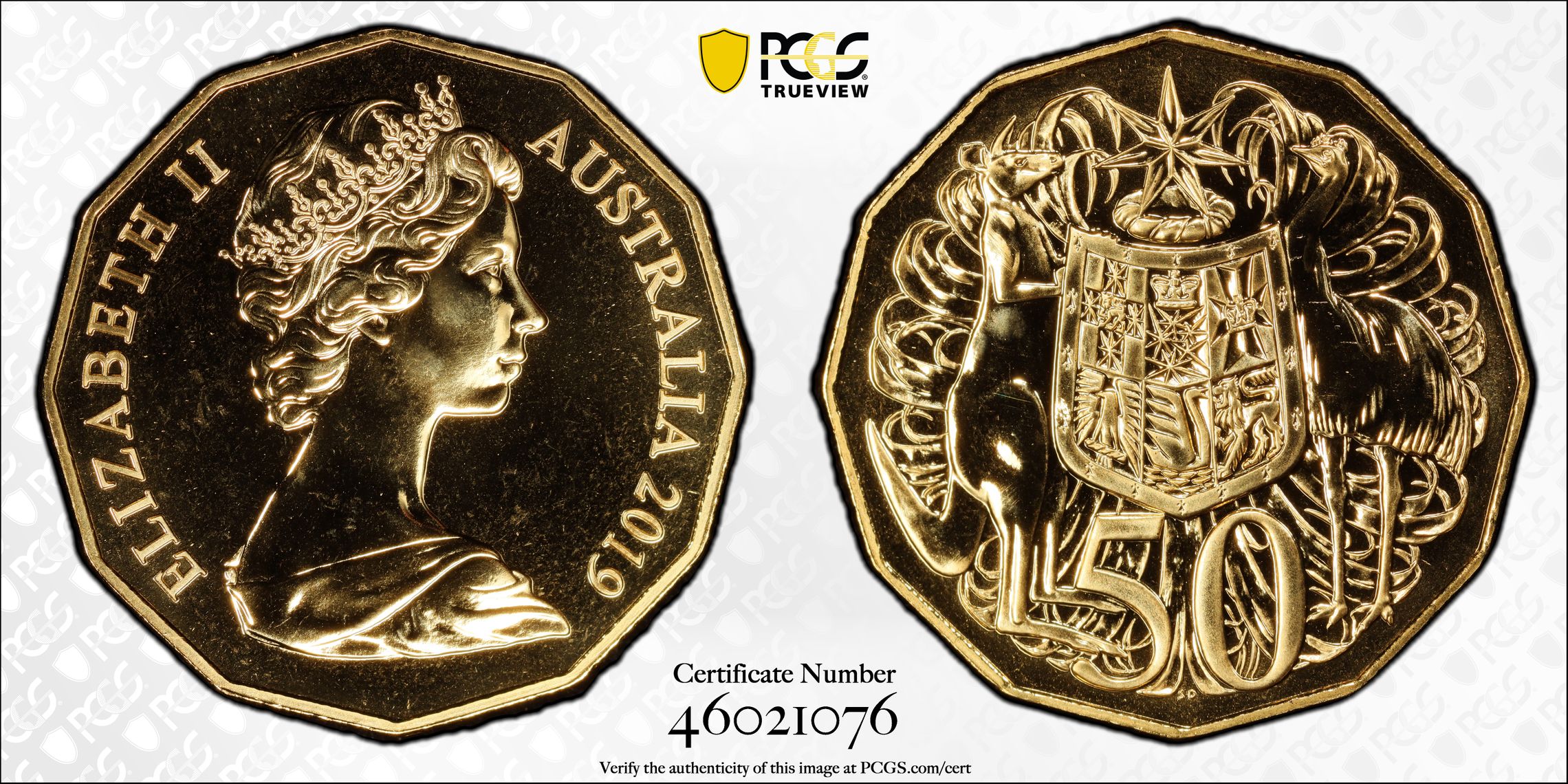 Dodecagon 50C 50th Ann. A. Machin Effigy Gilt, Fifty Cent, 2019, PCGS MS69