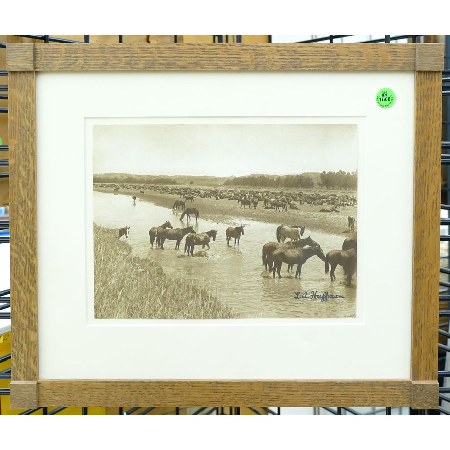 Old L.A. Huffman ''Horses Crossing'' Sepia Print Framed 14''x16''
