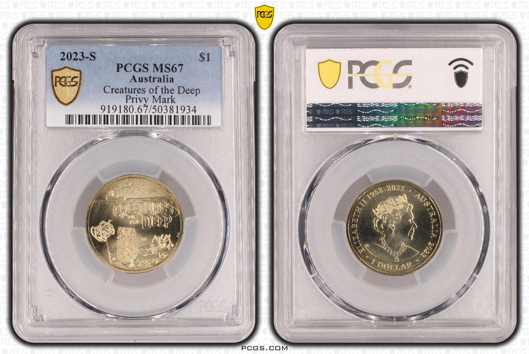 300 · Elizabeth II, Creatures of the Deep - Privy Mark , One Dollar, 2023-S, PCGS MS67