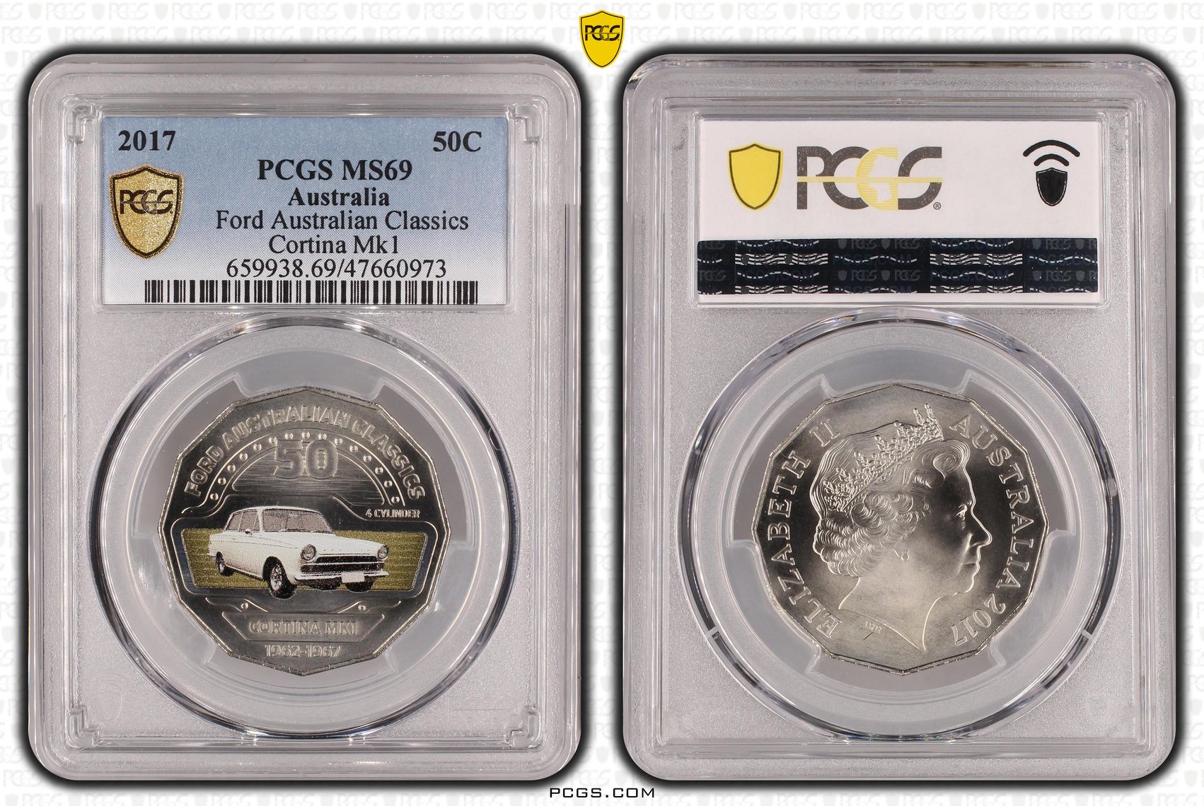 213 · Elizabeth II, Ford Australian Classics - Cortina Mk1, Fifty Cent, 2017, PCGS MS69