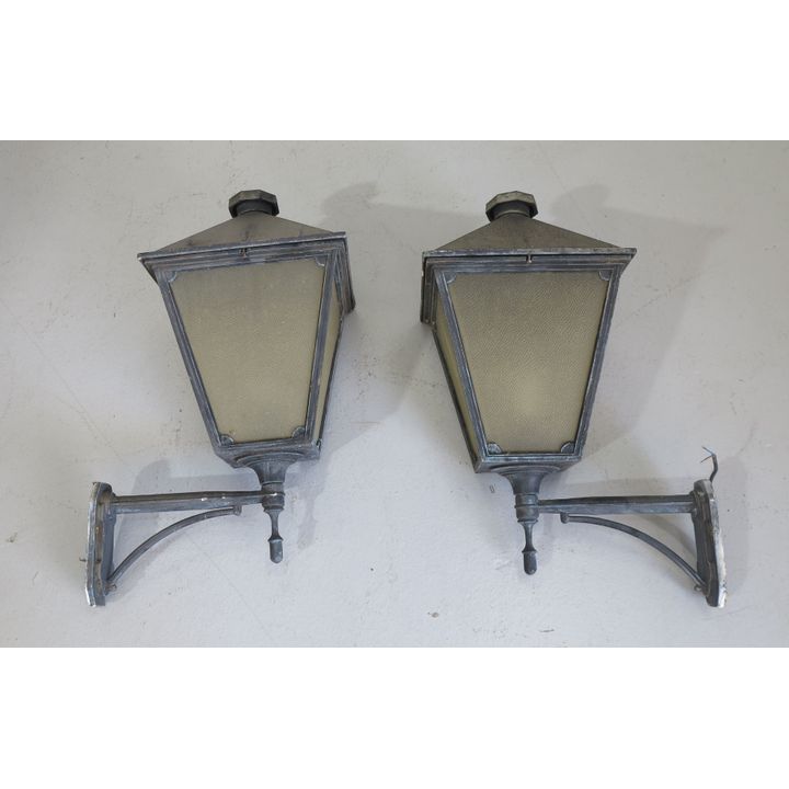 PAIR OF GLAZED METAL WALL LANTERNS