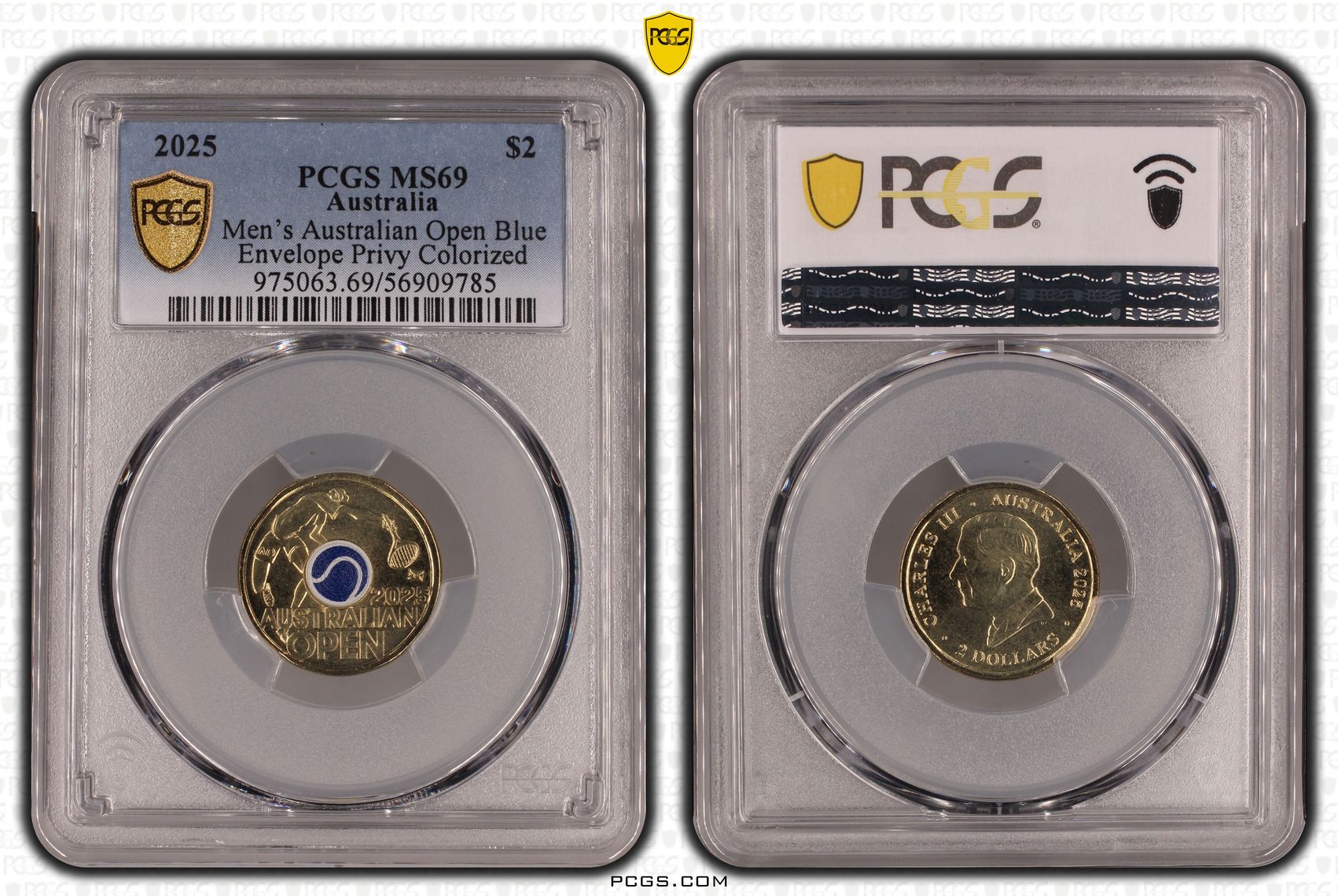 Men's Australian Open Blue Envelope Privy Colourised, Two Dollar, 2025, PCGS MS69
