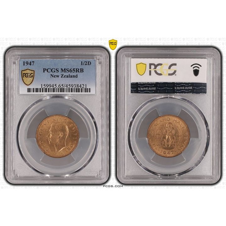 1947 New Zealand Half Penny PCGS - MS65RB POP 14/0 -421