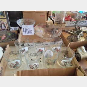 Sat. Evening post glasses, crystal bowl, compote